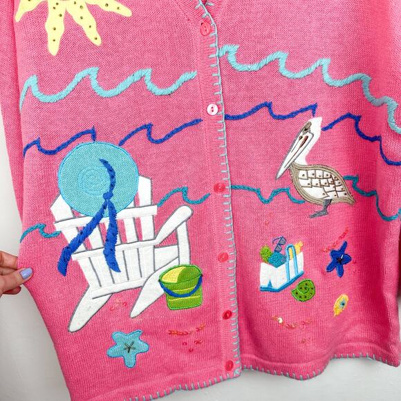 The Quacker Factory Sweater Vintage Beach Summer Scene Cardigan Sequin Pink - Picture 2 of 4